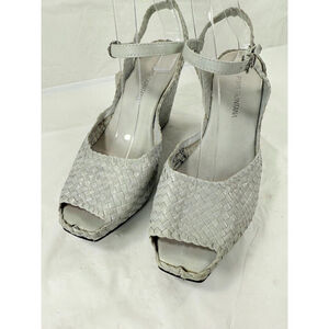 PONS QUINTANA Teal Woven Leather Wedge Peep Toe Sandal Women's Size 9.5